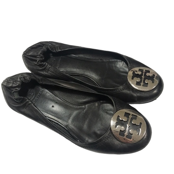 Tory Burch reva leather black  silver ballerina flats size 7M - Picture 2 of 12